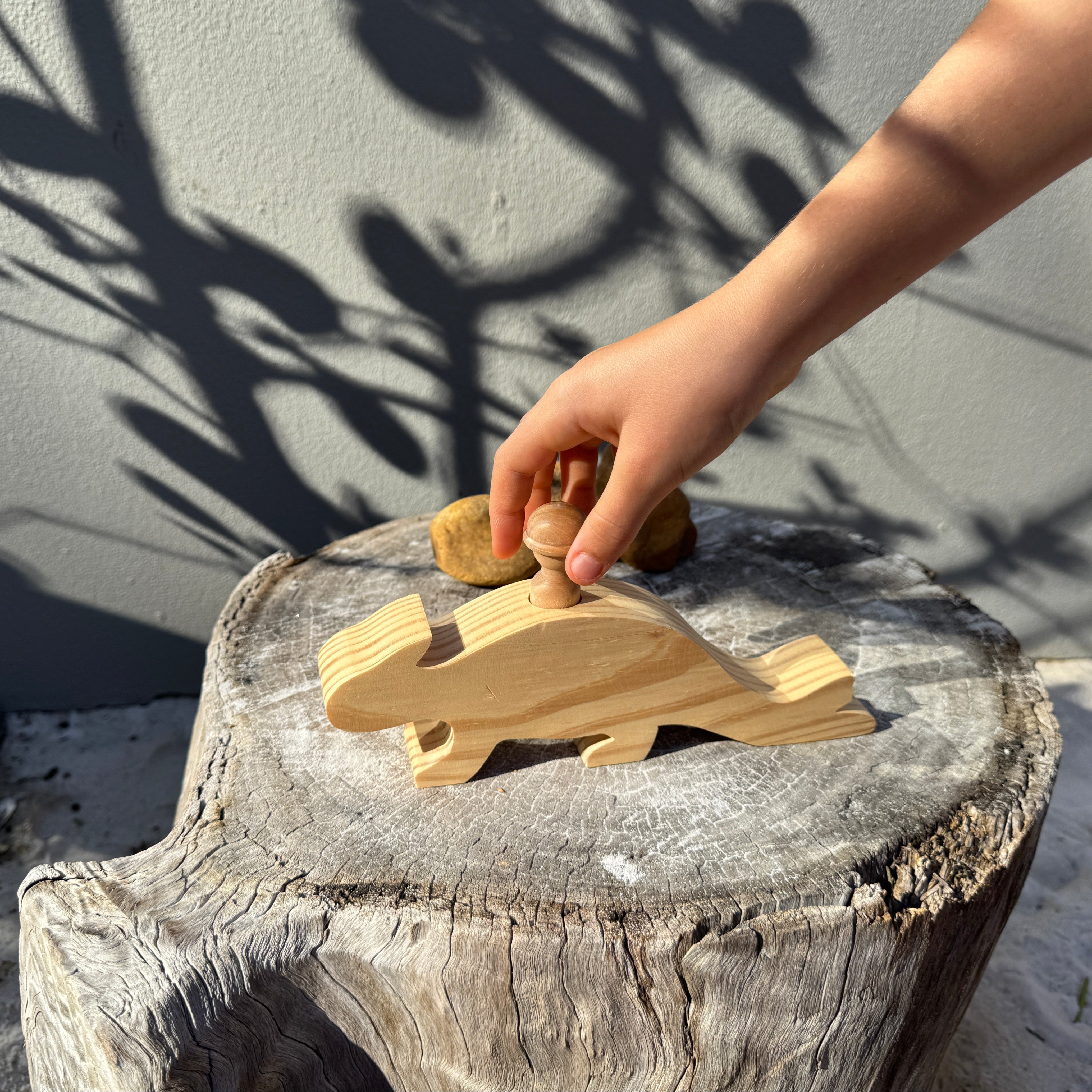 Wooden Dinosaur and Explorer Peg Doll